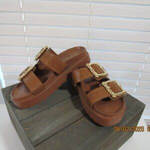 Brown Platform Sandals with Gold Buckles - Size 6